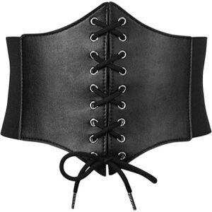 BLACK Leather Elastic Wide Stretch Belt Corset Top Halloween Cosplay Costume NWT